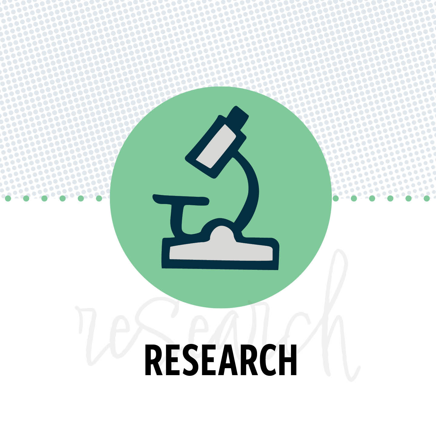 Icon of a microscope with the text: "Research".