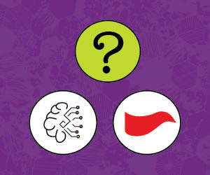 Image of three icons: one of a question mark, one of a brain with circuit lines coming out of it, and one of a waving red flag.