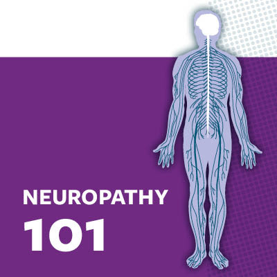Purple and white graphic showing a human nervous system illustration with the text: “NEUROPATHY 101.”